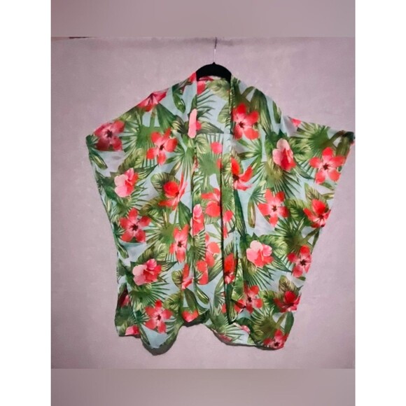 Other - Tropical Floral Kimono Cardigan One Sz Hibiscus Palm Leaf Sheer Resortwear Blue